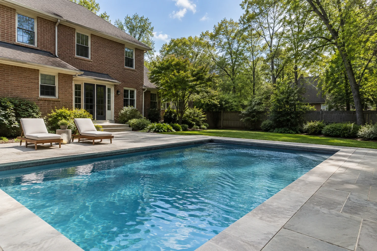 Rectangular pool and stone patio beside a brick home