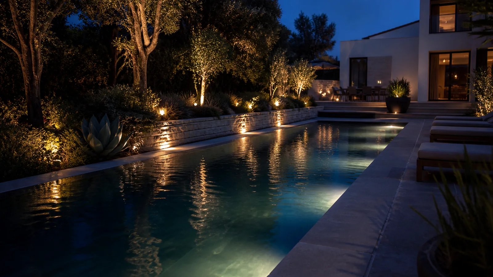Pool and landscaped backyard illuminated at dusk