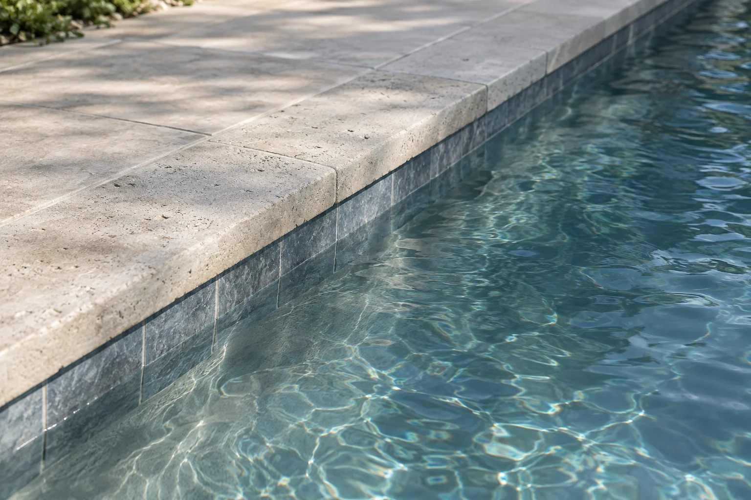 Stone pool coping and blue waterline tile