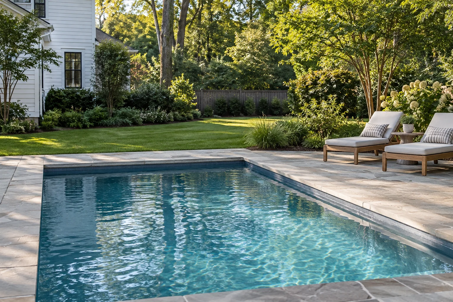 Pool terrace with lounge chairs and garden views